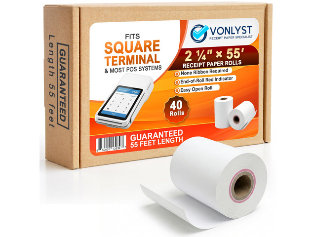 Square Terminal Paper Rolls 2 1/4' x 55' BPA Free Thermal Receipt Paper for Square Credit Card Machine POS Printer, 40 Pack