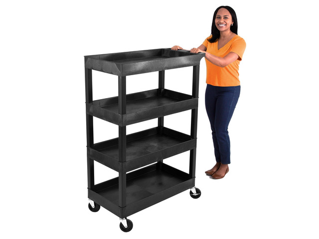 Tubstr 4 Shelf Utility Cart Supports Up to 300 lbs - Heavy-Duty Plastic Service Push Cart with Deep Shelves and 4' Casters, for Offices, Warehouse...