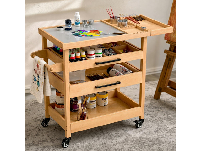 Solid Beech Wood Art Cart, Artist Taboret with Tempered Glass Palette 2 drawers,2 rinse cups, brush rest, adjustable dividers, towel bar and...