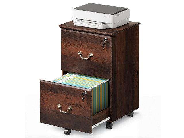 2 Drawer File Cabinet, Mobile File Cabinet with Lock, Brown Oak Wood Filing Cabinet for Under Desk for Home Office, Rolling Printer Stand for...