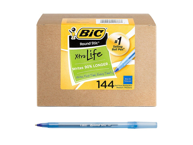 Round Stic Xtra Life Ballpoint Pen, Medium Point (1.0mm), Blue, Flexible Round Barrel For Writing Comfort, 144-Count