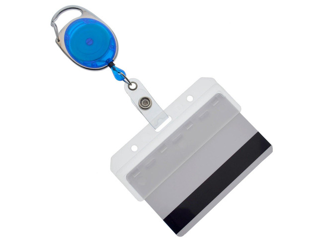 5 Pack - Premium Carabiner Badge Reel with Half Card Holder - Mag Stripe Exposed ID Holder for Swipe Cards Access Control POS Retractable by (Blue)