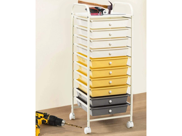 10-Drawer Storage Cart, Utility Cart with Removable Drawers & Metal Frame, Rolling Storage Cart with Lockable Wheels for Home, Office, Yellow