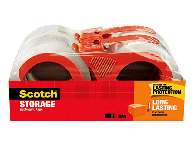 Long Lasting Storage Packing Tape, Clear, 1.88 in x 38.2 yd Storage Tape Withstands Extreme Temperatures, 4 Rolls and 4 Tape Dispensers