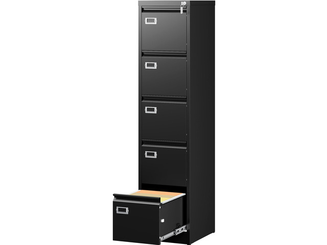 5 Drawer File Cabinet with Lock,Black Narrow Vertical File Cabinet Five Drawer,Tall Office Filing Cabinets,Metal Filing Cabinets for Home...
