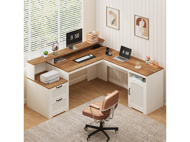 63' Farmhouse L Shaped Executive Desk with Drawers & Storage Shelf, Corner Fluted Computer Desk with Power Outlets, L Shaped Office Desk with...