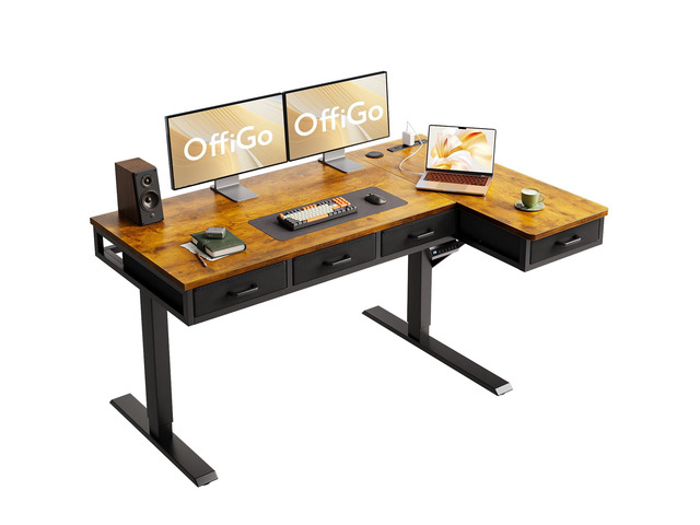 55 Inch L Shaped Electric Standing Desk with 4 Drawers, Rustic Brown Reversible Corner Table, Office Desk With 4 Drawers and Outlets For Home...