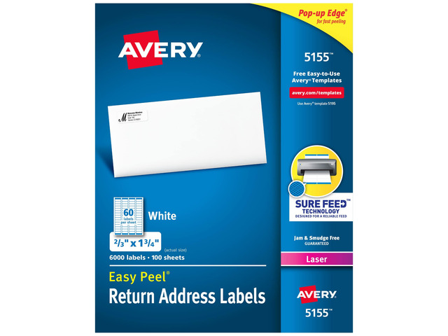 Printable Return Address Labels, Sure Feed Technology, 0.5' x 1.75', White, 6,000 Blank Mailing Labels (05155)