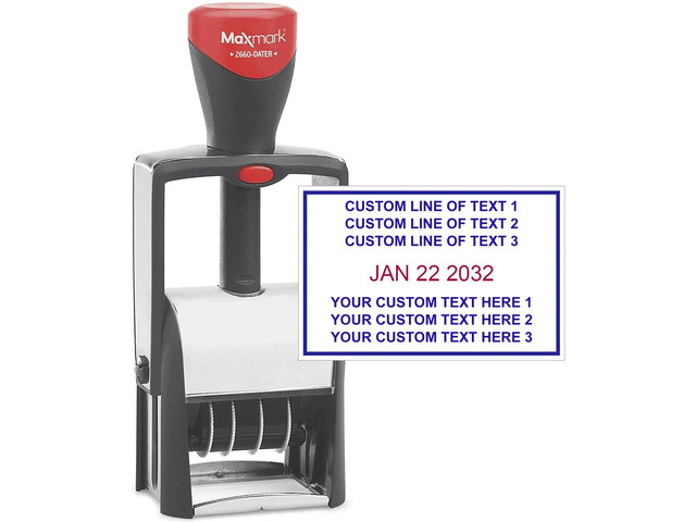 Heavy Duty Date Stamp with 6-Line Custom Text, Self Inking Date Stamp - 2660 - Choose from Many Font and Color Options