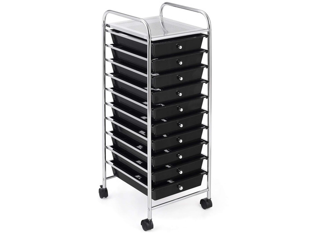 10-Drawer Storage Cart, Utility Cart with Removable Drawers & Metal Frame, Rolling Storage Cart with Lockable Wheels for Home, Office, Black