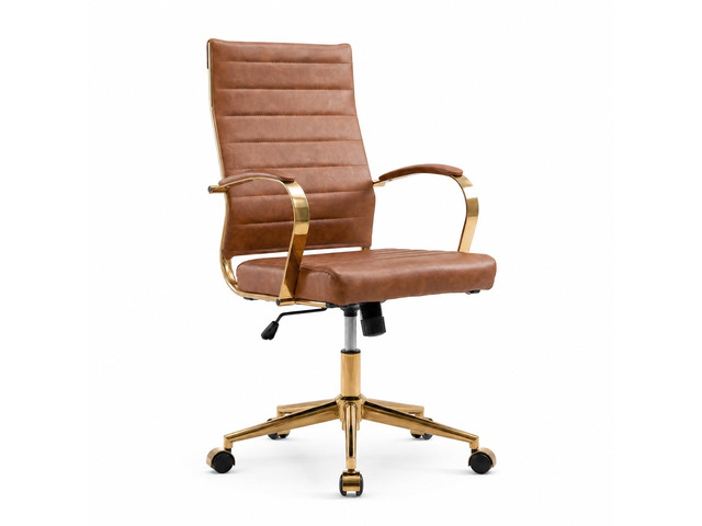 Gold Office Desk Chair, Ergonomic Leather Modern Conference Room Chairs, Executive Ribbed Height Adjustable Swivel Rolling Golden Chair for Home...