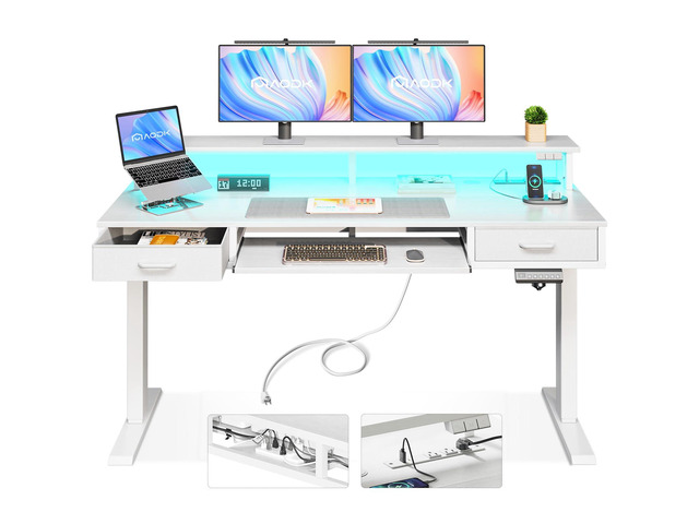 55 Inch Electric Standing Desk with Drawers & Keyboard Tray, White Power Outlet, LED Lights, Monitor Stand, Cable Management Tray, 3 Memory...