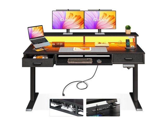 55 Inch Electric Standing Desk with Drawers & Keyboard Tray, Black Power Outlet, LED Lights, Monitor Stand, Cable Management Tray, 3 Memory...