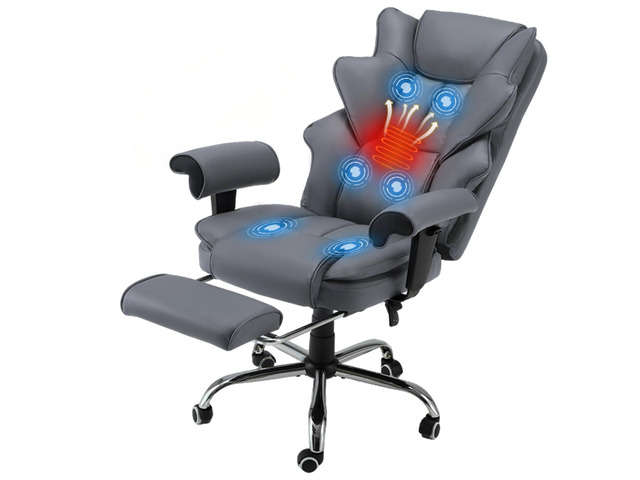 Grey Ergonomic Office Chair 6-Point Vibration Massage & Heat, Reclining Executive Chair, Adjustable Footrest and Armrests, PU Leather Big and Tall