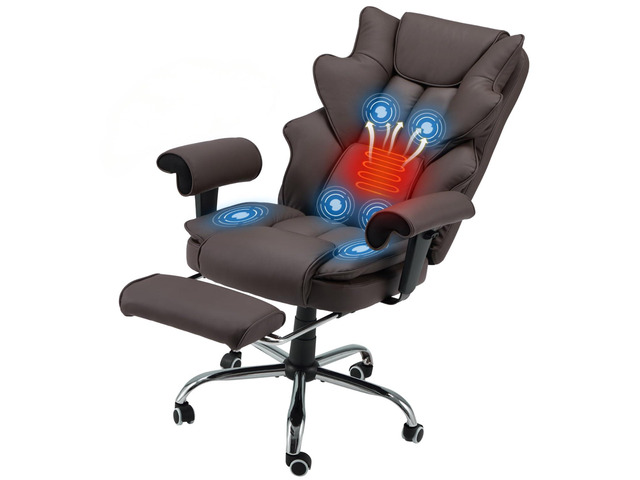 Brown Ergonomic Office Chair 6-Point Vibration Massage & Heat, Reclining Executive Chair, Adjustable Footrest and Armrests, PU Leather Big and Tall