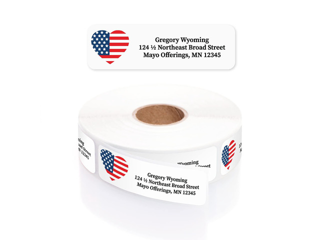 American Flag Heart Rolled Address Labels/Roll of 500 Personalized Return Address Labels/Designer Return Address Stickers in Elegant Plastic Dispenser