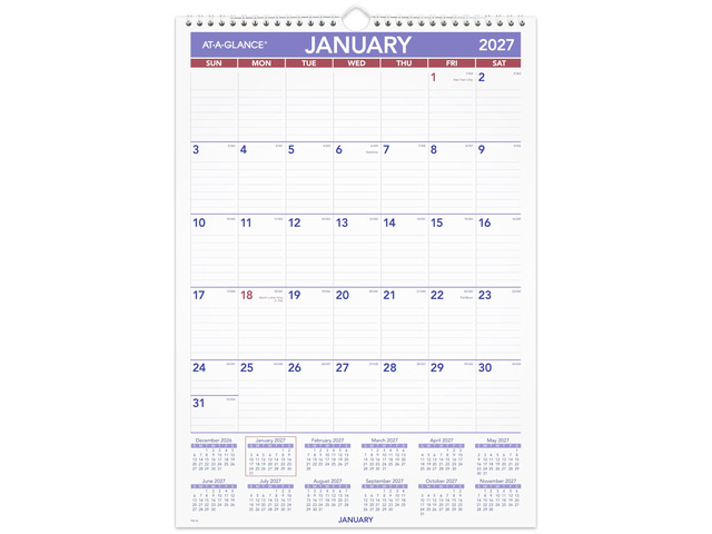 2027 Wall Calendar, Monthly, 12' x 17' Planner, Ruled Daily Blocks (PM22827)