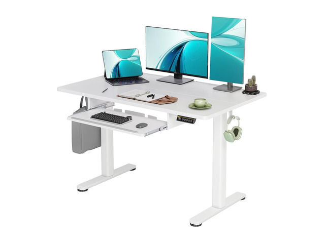 Electric Standing Desk 48x24 with Keyboard Tray White Splice board desktop, 28.3-46.5 inch height range, 176 lbs capacity, 3 memory presets,...