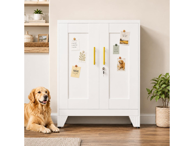 Metal Storage Cabinet, 2-Door Short Locker Cabinets Adjustable Shelf Magnetic door surface for notes, Freestanding small storage cabinet with...
