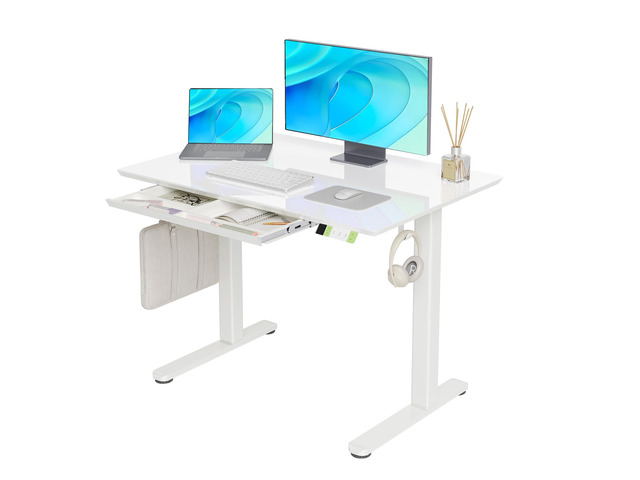 Glass Standing Desk with Drawers 40x24 Inch Super White Tempered Glass Top, Ergonomic, 3 Memory Presets, Adjustable Height, Stand Up Desk