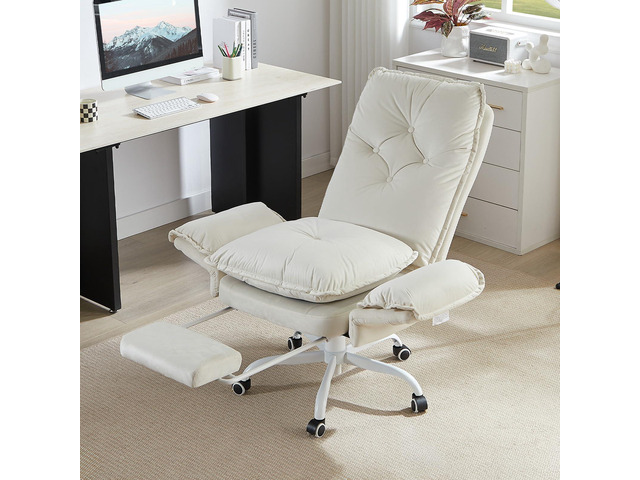 Criss Cross Office Chair with Footrest, Beige Velvet High Back Executive Chair with Flip-Up Armrests Wheels, Cross Legged Desk Chair for Home...