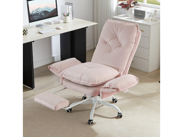 High Back Executive Chair with Flip-Up Armrests Wheel, Pink Velvet Criss Cross Office Chair with Footrest Wheels, Cross Legged Desk Chair for...