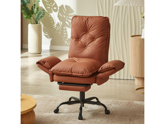 High Back Executive Chair with Footrest, PU Leather Brown Big and Tall Reclining Office Chair with Reversible Armrests and Wheels for Gaming Home...