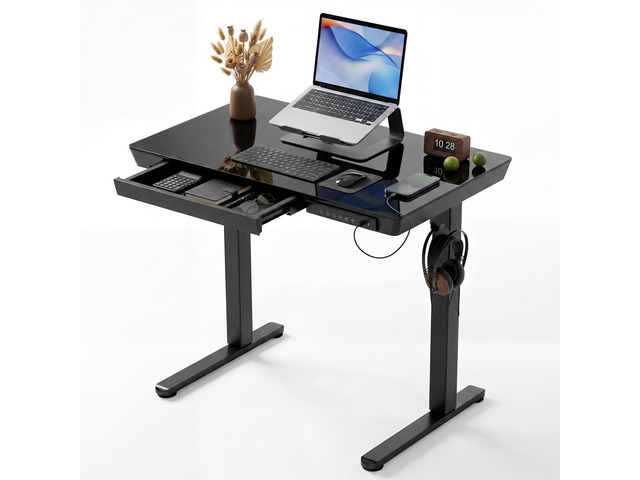 32' Small Glass Standing Desk with Drawers & USB Ports, Whole-Piece Glass Top Adjustable Height Desks, Quick-Install Electric Sit-Stand Up Desk for...