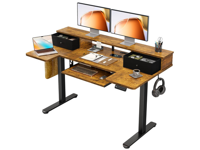 55 Inch U Shape Standing Desk, Keyboard Tray & Drawers, Rustic Brown Power Outlet, Dual-Monitor Stand, LED Light, 3 Presets, 28.3'-46.5'in Range,...
