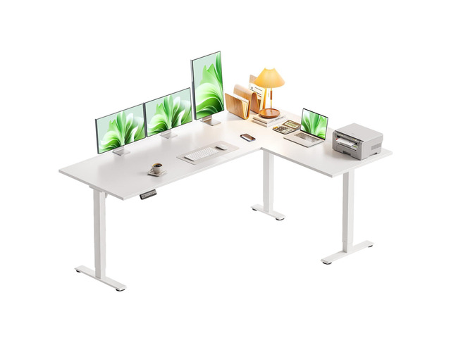 63 Inch L Shaped Electric Standing Desk, Home Office, White Reversible Corner Desk with Height Adjustment, Ergonomic Sit Stand Table for Home...