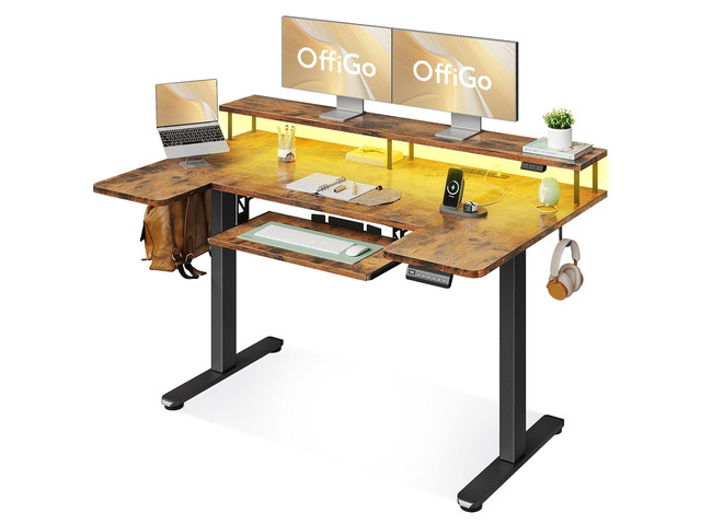 55 Inch U Shaped Standing Desk with Keyboard Tray, Rustic Brown Power Outlet, Dual-Monitor Stand, LED Light, 3 Presets, 28.3'-46.5'in Range, 154...