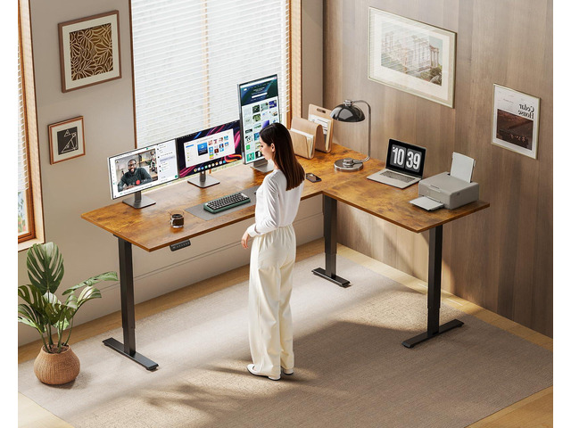 63 Inch Reversible L Shaped Electric Standing Desk, Rustic Brown Large Corner Height Adjustable Stand Up Desk, 3 Memory Presets, Sit Stand Table,...