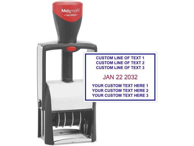 Heavy Duty Date Stamp with 6-Line Custom Text, Self Inking Date Stamp - 2360 - Choose from Many Font and Color Options
