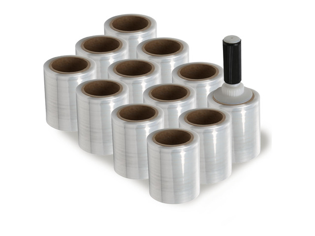 5' x 1,000 ft Clear Hand Stretch Wrap with Reusable Handle Included - 12 Rolls Standard-Duty Film for Pallet Wrapping, Moving & Packaging