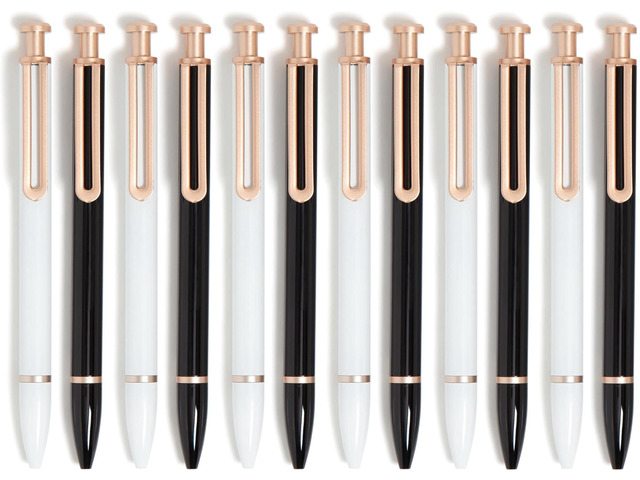 Monterey Ballpoint Pens, 12 Pack, Retractable, Black and White Six black and six white metal barrels with rose gold clips, and a weighted 1.0 mm...