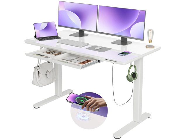 Wireless Charging Glass Standing Desk with Drawers 55×24 Inch Tempered One-Piece Glass Top, Ergonomic, Smooth Height Adjustment, 3 Memory...