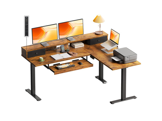 59 Inch L Shaped Electric Standing Desk with Drawers, Rustic Brown Monitor Stand, Keyboard Tray, Fabric Drawer, Power Outlets, Height Adjustable...