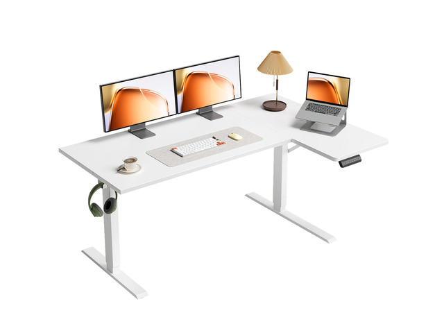 55 Inch Reversible L Shaped Electric Standing Desk, White Corner Height Adjustable Computer Table, Stand Up Desk with 3 Memory Presets,...