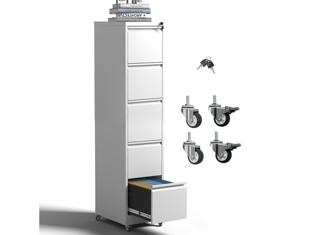 5-Drawer Mobile File Cabinet with Lock and Wheels Tall Vertical Filing Cabinets Steel Rolling Storage Cabinet for Home Office Legal/Letter/A4...
