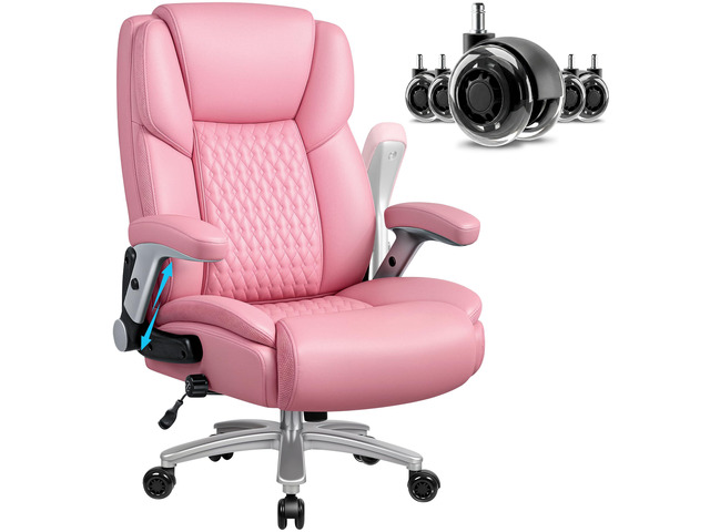 Big and Tall Office Chair 600lbs, Heavy Duty Executive Office Chair for Heavy People, Pink High Back Office Leather Ergonomic Chair with Adjustable...