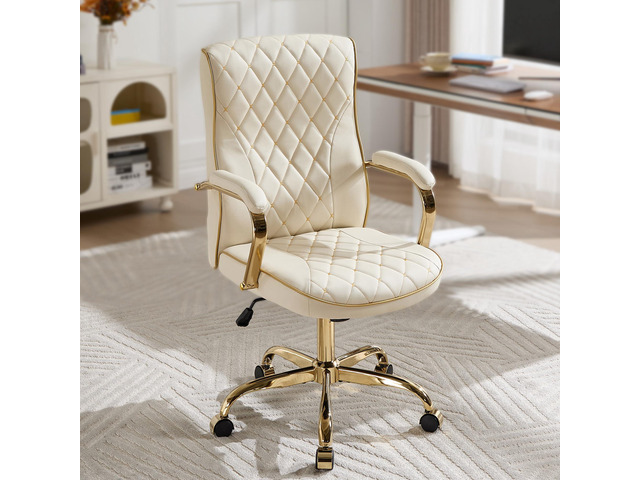 Beige and Gold Office Desk Chair,Conference Room Chairs,Mid Back Vintage Executive Leather Chair,Ergonomic Computer Swivel Chair with Rocking...