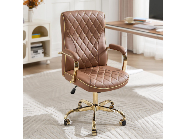Brown and Gold Office Desk Chair,Conference Room Chairs,Mid Back Vintage Executive Leather Chair,Ergonomic Computer Swivel Chair with Rocking...