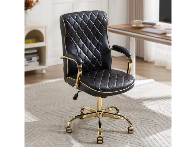 Black and Gold Office Desk Chair,Conference Room Chairs,Mid Back Vintage Executive Leather Chair,Ergonomic Computer Swivel Chair with Rocking...
