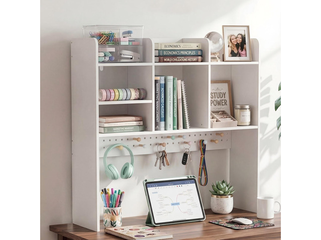 35.9' L White Desk Hutch with Pegboard, Dorm Desk Organizer Multipurpose Desktop Bookshelf for Dorm Office Home, 3-Tier Wooden Display Rack for...