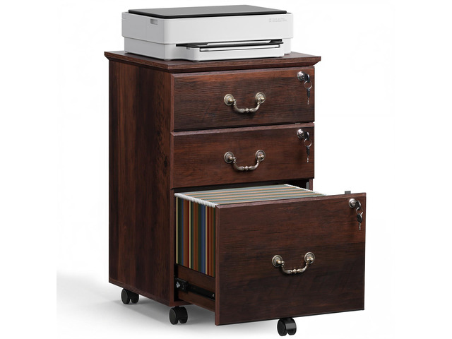 3 Drawer File Cabinet with Lock, Wood Filing Cabinet, Brown Oak Mobile Wood File Cabinet for Under Desk Storage, Rolling Printer Stand for Office...