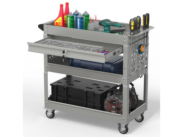3 Tier Rolling Tool Cart on Wheels, 550 LBS Tool Cart with DrawersHeavy Duty Utility Cart with Pegboard and HookMechanic Tool Storage Cart for...