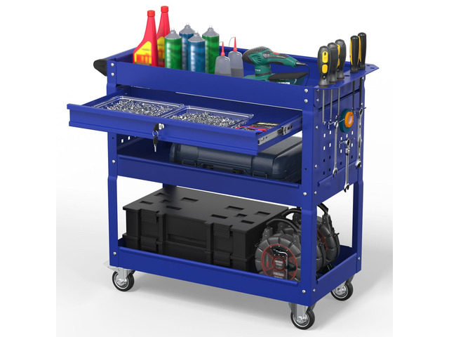 3 Tier Rolling Tool Cart on Wheels, 550 LBS Tool Cart with DrawersHeavy Duty Utility Cart with Pegboard and HookMechanic Tool Storage Cart for...