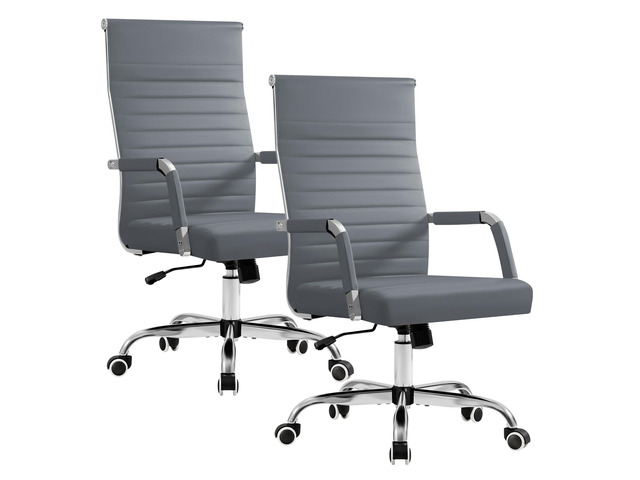 Ergonomic Office Desk Chair, Executive Ribbed Mid-Back PU Leather Conference Room Chair Adjustable Swivel Chair with Arms (2, Grey)