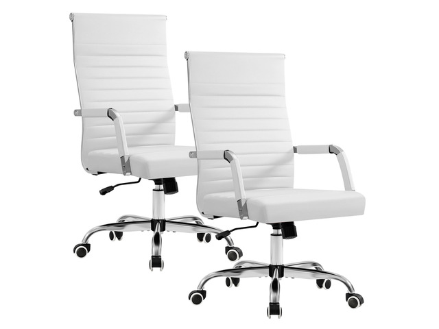 Ergonomic Office Desk Chair, Executive Ribbed Mid-Back PU Leather Conference Room Chair Adjustable Swivel Chair with Arms (2, White)