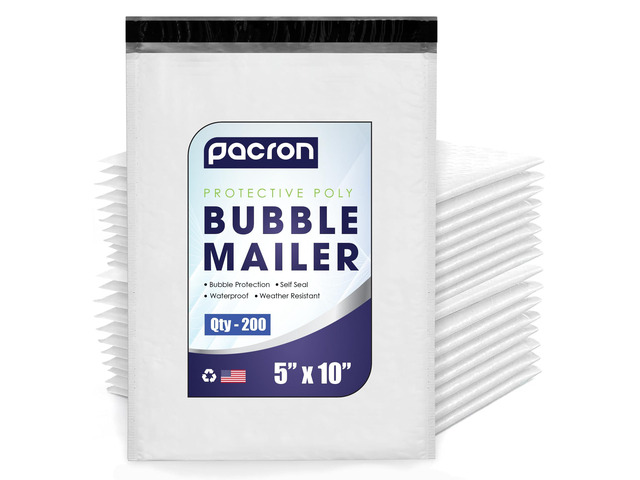 Waterproof Self-Seal Padded Poly Bubble Mailers 5x10, 200-Pack Ideal for jewelry, cosmetics, SD cards, USB cables & accessories. Tear-resistant,...